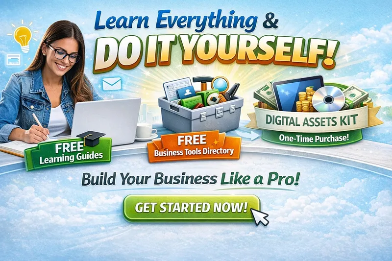 Do It Yourself Business Resources Kit | Free Tools, Guides & Digital Assets DIY business resources kit banner with free learning guide, tools directory, and digital assets for entrepreneurs and marketers.