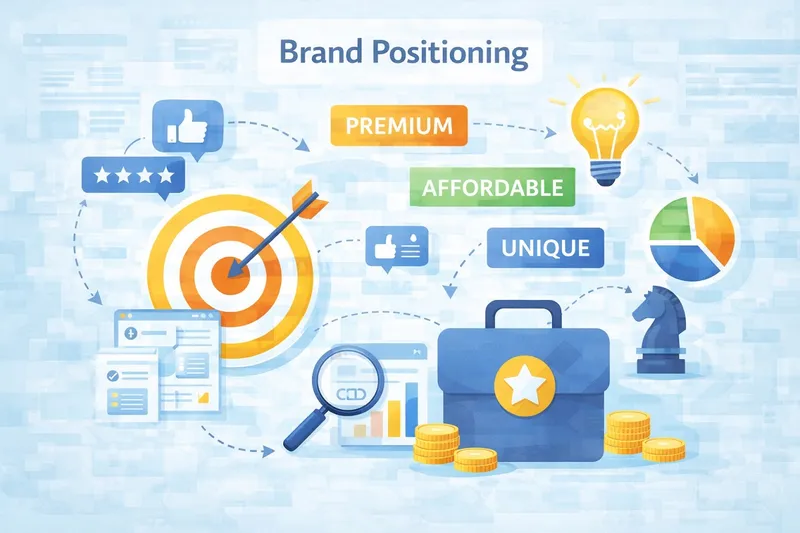 Brand Positioning Strategy Marketing team defining brand positioning strategy with target audience profile, value proposition board, and competitor comparison chart.