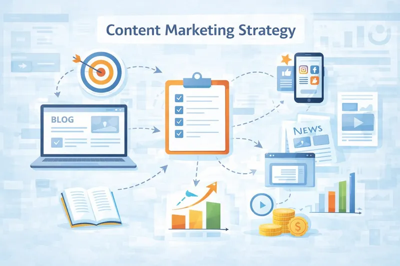 Content Marketing Strategy Marketing team planning content strategy with SEO keyword dashboard, content calendar, blog posts, and funnel mapping illustration.