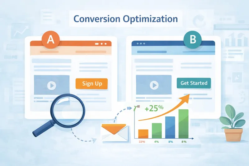 SmaConversion Optimization Marketing team reviewing A/B test landing pages with highlighted call-to-action button and performance analytics dashboard in flat illustration style.
