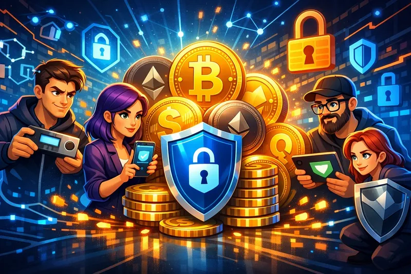 Crypto Wallet Safety Story Cartoon style illustration showing people protecting digital coins with hot and cold crypto wallets, private keys, blockchain icons, and secure digital storage.