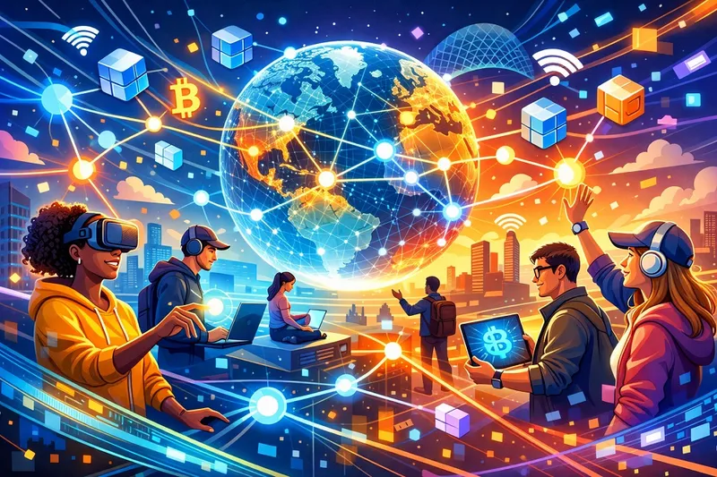 Future of Decentralized Web Illustration showing people connected through a decentralized internet with blockchain nodes, privacy, freedom, and open digital networks