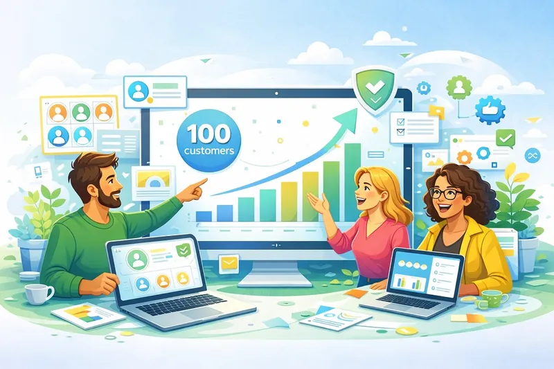 First 100 Customers - Growth Guide Illustration of a startup founder gaining first 100 customers through trust, referrals, and simple growth steps