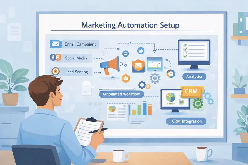 Marketing Automation Setup Digital marketing team reviewing automated email workflows and CRM dashboard with audience segmentation and performance charts in flat illustration style.