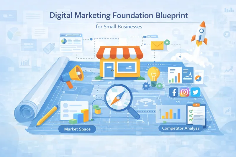 Small Business Marketing Plan Small business owner planning digital marketing strategy on laptop with charts, funnel sketch, and social media icons on desk