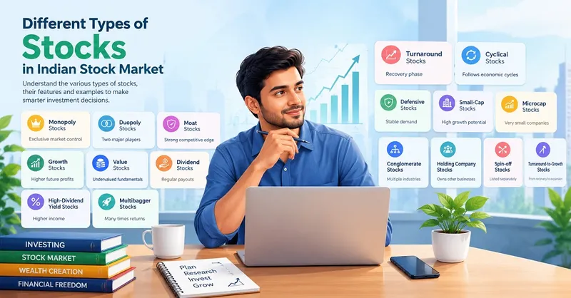 Stock Types Guide Investor studying different types of stocks in the Indian stock market, including growth, value, dividend, monopoly, small-cap and turnaround stocks
