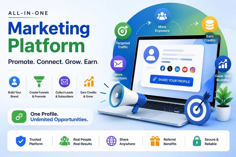 All-in-one digital marketing platform for creating funnels, promoting websites, collecting leads, tracking analytics, earning credits, and growing an online business.